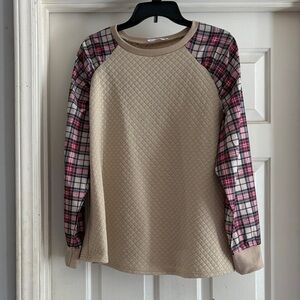 Plaid Sleeve Quilted Long Sleeve Top - Beige and Red